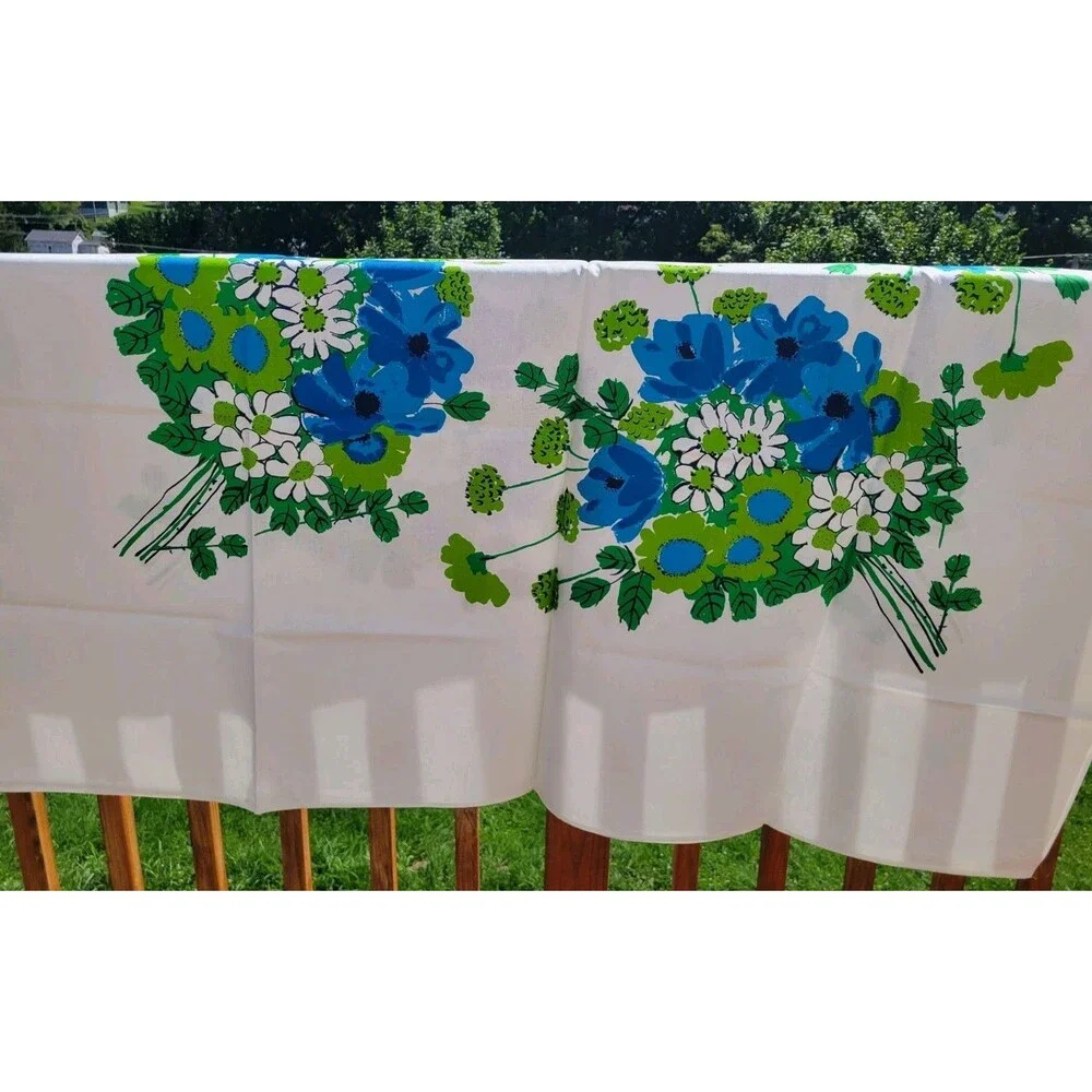Vtg Vera Neumann Tablecloth MCM Blue Green Floral Daisies Flower Power 60x84